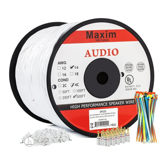 Maximm in Wall Speaker Wire - 500 Feet - 14AWG CL3 Rated 4-Conductor Wire - White, Pure Copper - Banana Plugs, Cable Clips and Ties Included