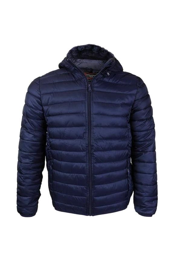 Men's Coat Slim Fit Lightweight Zip Insulated Puffer Hooded Jacket, Navy, XL