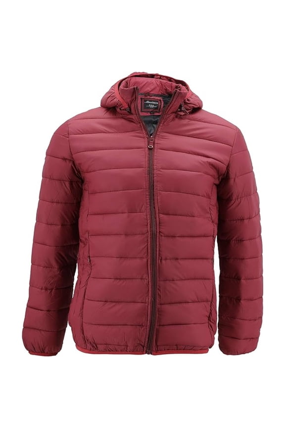Men's Coat Slim Fit Lightweight Zip Insulated Puffer Hooded Jacket, Red, M