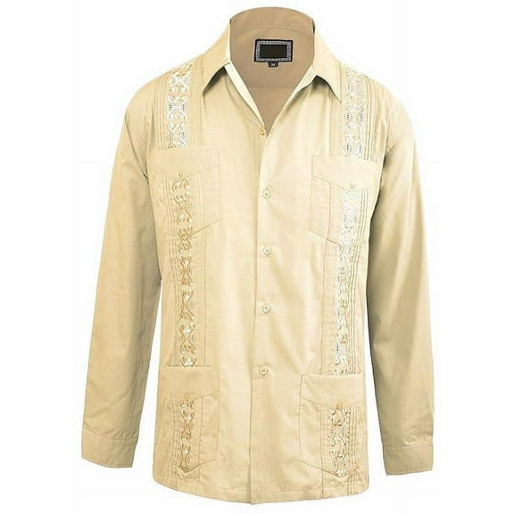 Maximos Men's Guayabera Cuban Style Casual Vacation Bartender Wedding Button up Long Sleeve Dress Shirt Beige XXL