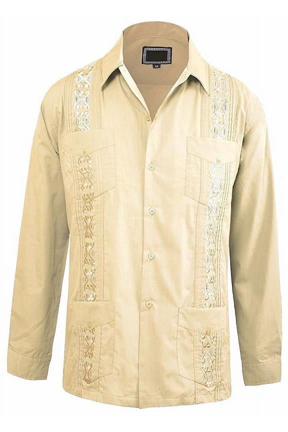 s Men's Guayabera Cuban Style Casual Vacation Bartender Wedding Button up Long Sleeve Dress Shirt Beige XXL