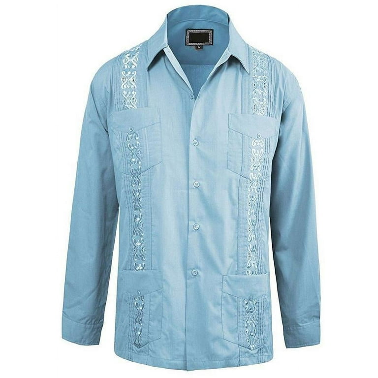 Maximos Men's Guayabera Cuban Style Casual Vacation Bartender Wedding  Button up Long Sleeve Dress Shirt Light Blue Small