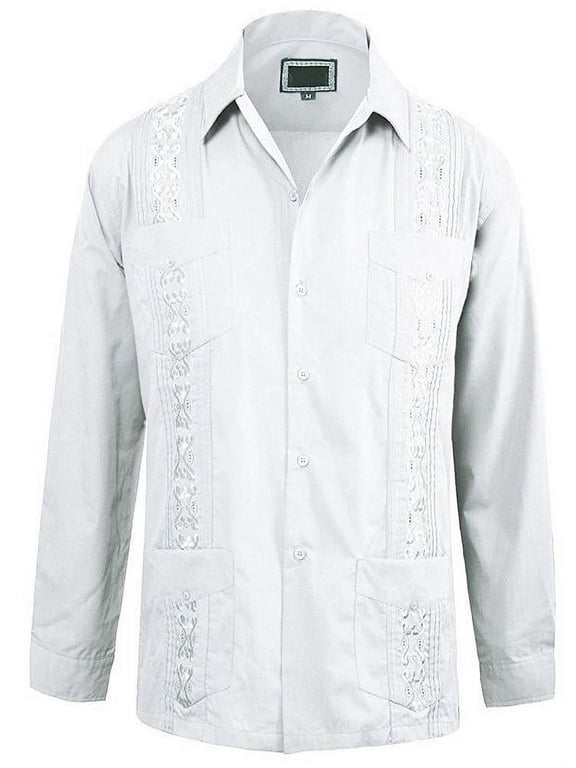 s Men's Guayabera Cuban Style Casual Vacation Bartender Wedding Button up Long Sleeve Dress Shirt White Small