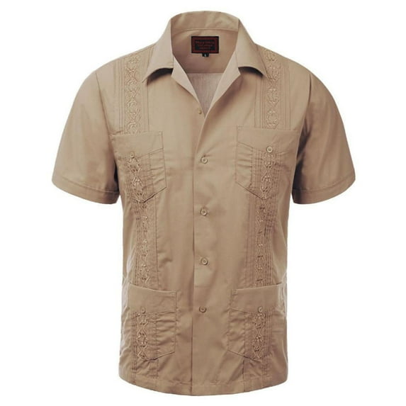 Maximos Men's Guayabera Summer Casual Cuban Beach Wedding Vacation Short Sleeve Button-Up Casual Dress Shirt Khaki S