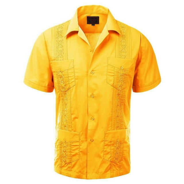 Maximos Men's Guayabera Summer Casual Cuban Beach Wedding Vacation Short Sleeve Button-Up Casual Dress Shirt Yellow 3XL