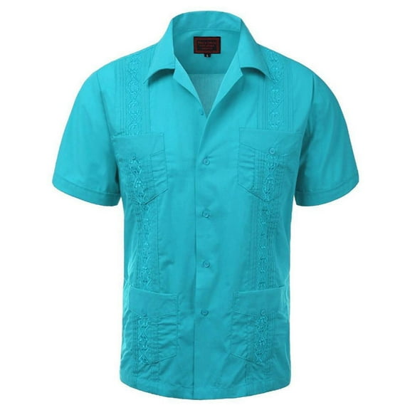 Maximos Men's Guayabera Summer Casual Cuban Beach Wedding Vacation Short Sleeve Button-up Casual Dress Shirt Atoll Blue X-Large