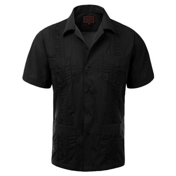 Maximos Men's Guayabera Summer Casual Cuban Beach Wedding Vacation Short Sleeve Button-up Casual Dress Shirt Black L