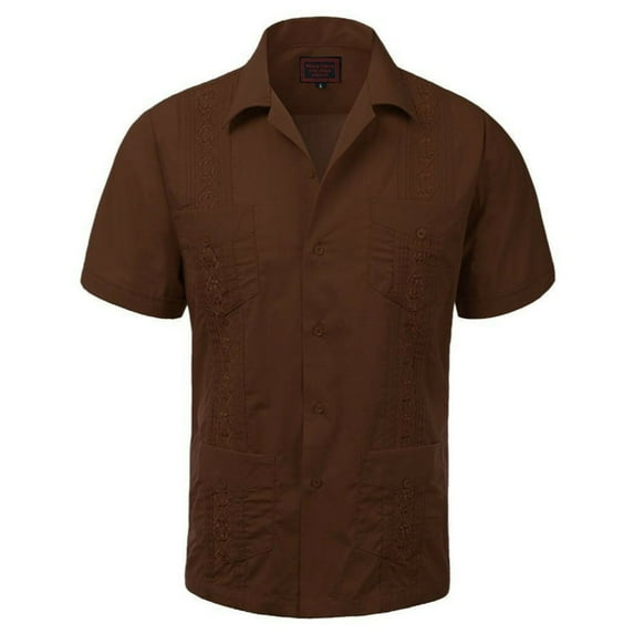Maximos Men's Guayabera Summer Casual Cuban Beach Wedding Vacation Short Sleeve Button-up Casual Dress Shirt Chocolate Brown L