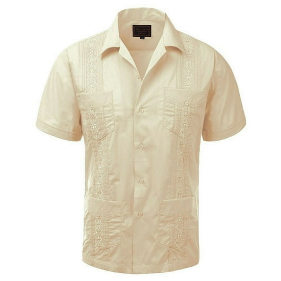 Maximos Men's Guayabera Summer Casual Cuban Beach Wedding Vacation Short Sleeve Button-up Casual Dress Shirt Cream 3XL