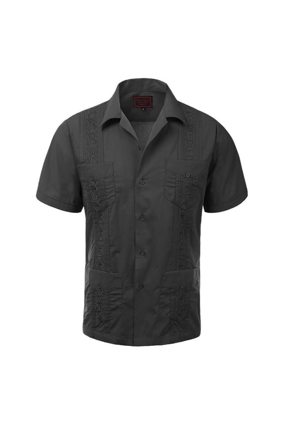 Men's Guayabera Summer Casual Cuban Beach Wedding Vacation Short Sleeve Button-up Casual Dress Shirt Dark Gray 2XL