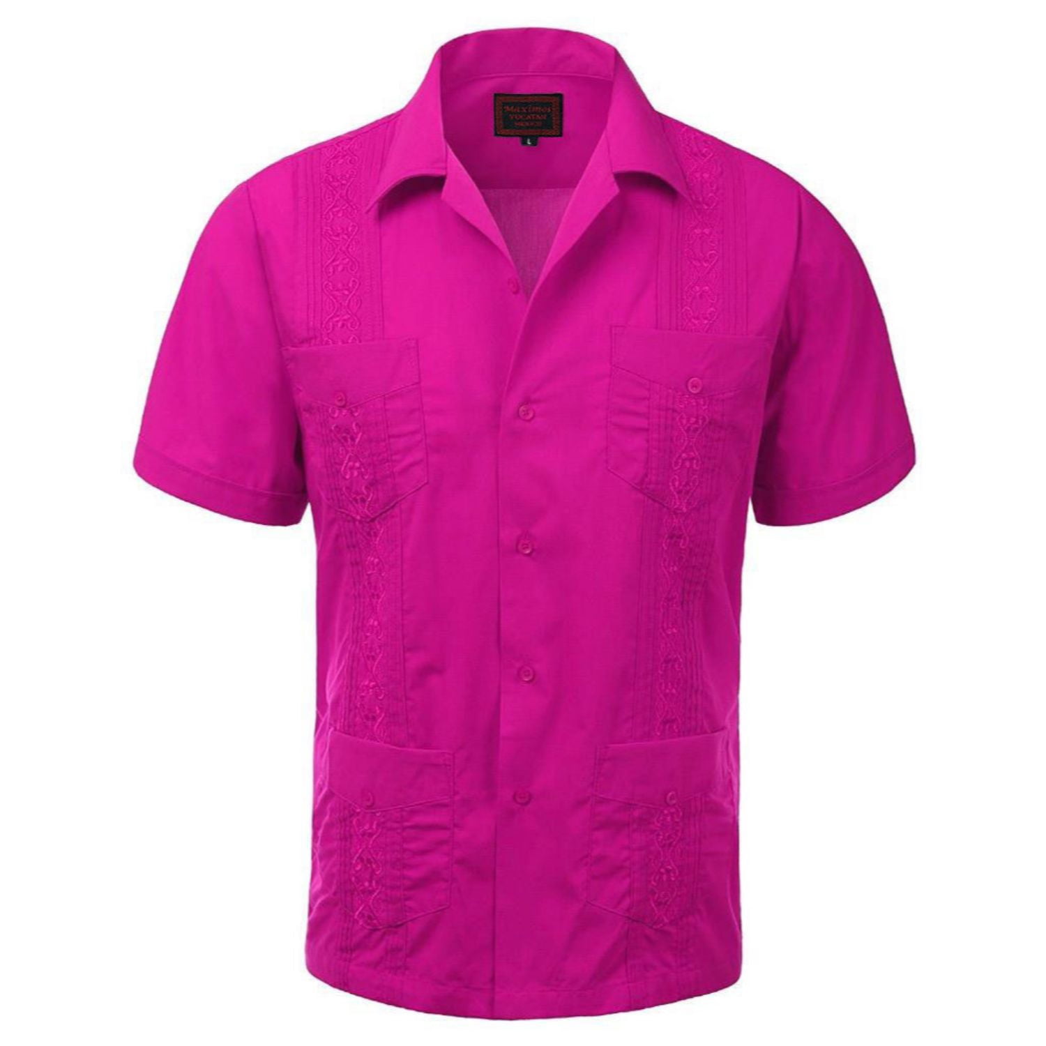 COOFANDY Men's Cuban Guayabera Shirt - Short Sleeve Summer Beach Button Down, Deep Pink XL