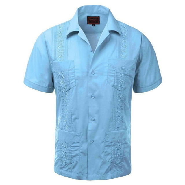 Maximos Men's Guayabera Summer Casual Cuban Beach Wedding Vacation Short Sleeve Button-up Casual Dress Shirt Light Blue 2XL