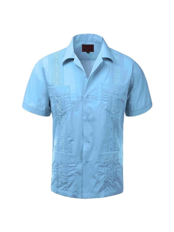 Men's Guayabera Summer Casual Cuban Beach Wedding Vacation Short Sleeve Button-up Casual Dress Shirt Light Blue 2XL