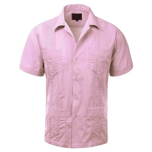 Maximos Men's Guayabera Summer Casual Cuban Beach Wedding Vacation Short Sleeve Button-up Casual Dress Shirt Pink M
