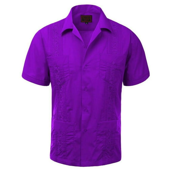 Maximos Men's Guayabera Summer Casual Cuban Beach Wedding Vacation Short Sleeve Button-up Casual Dress Shirt Purple L