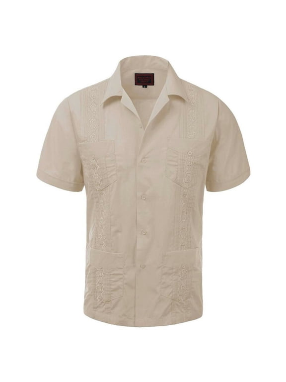 Men's Guayabera Summer Casual Cuban Beach Wedding Vacation Short Sleeve Button-up Casual Dress Shirt Sand 3XL