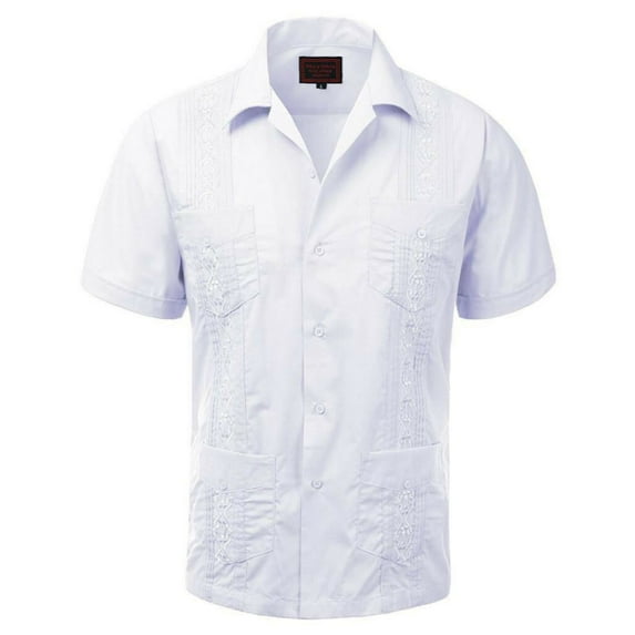 Maximos Men's Guayabera Summer Casual Cuban Beach Wedding Vacation Short Sleeve Button-up Casual Dress Shirt White L
