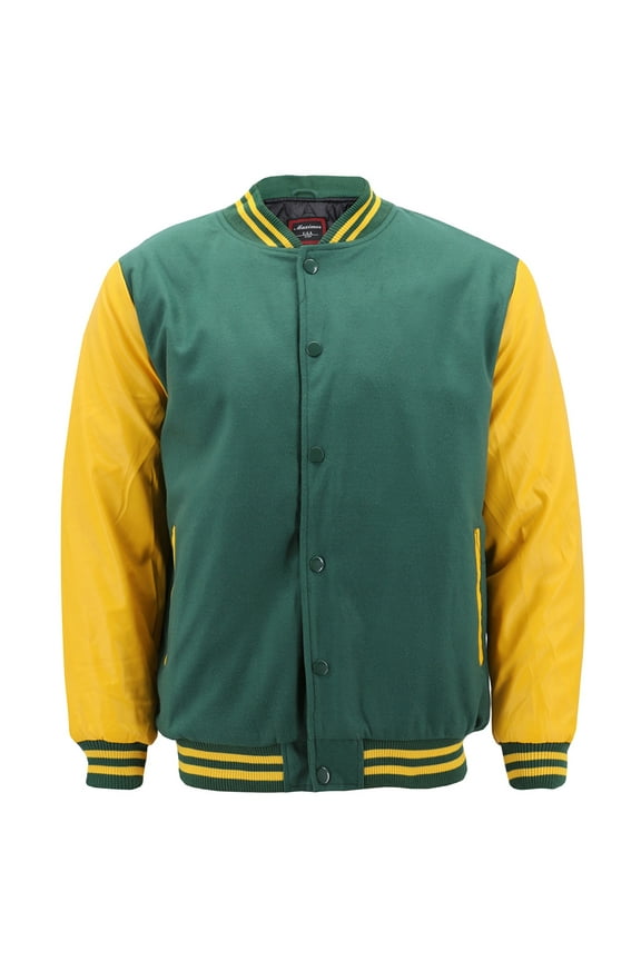 Men's LMJ Snap Button Front Classic Varsity Jacket Green Yellow XL