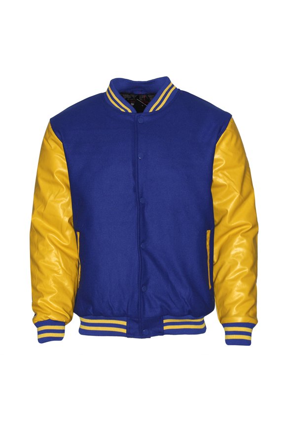 Men's LMJ Snap Button Front Classic Varsity Jacket Royal Blue Yellow L