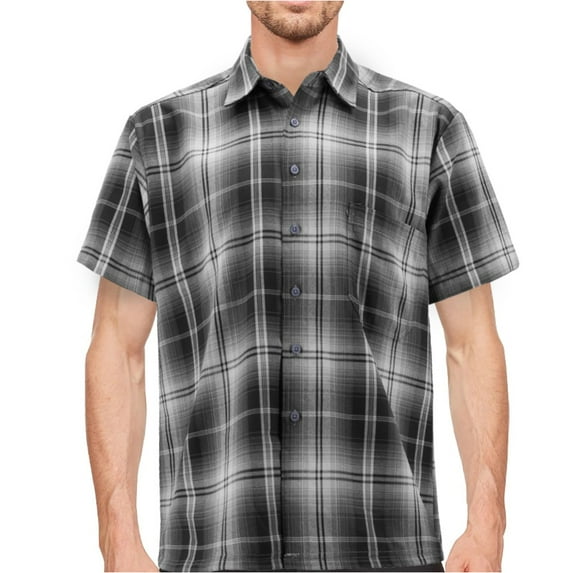 Maximos Men's Plaid Shirt Short Sleeve Classic Western Full Button Down Shirt, Black/White/Light Grey, M