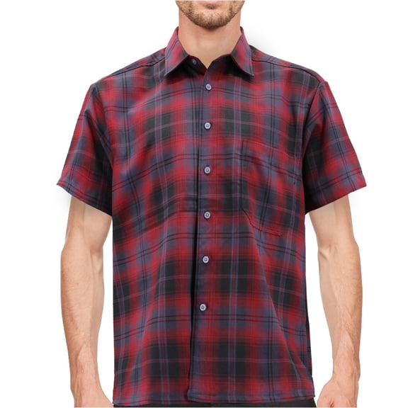 Maximos Men's Plaid Shirt Short Sleeve Classic Western Full Button Down Shirt, Burgundy/Dark Grey/Black, 2XL