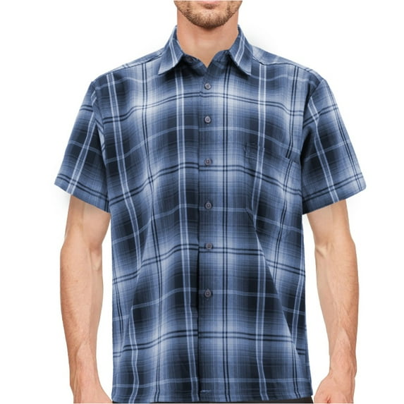 Maximos Men's Plaid Shirt Short Sleeve Classic Western Full Button Down Shirt, Navy/White/Sky Blue, L