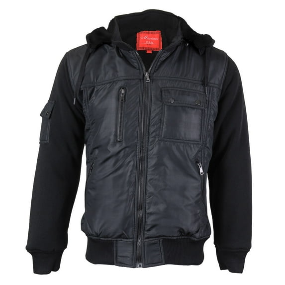 Maximos Men's Sherpa Lined Removable Hood Multi Pocket Zipper Bomber Jacket (Black / Black,M)