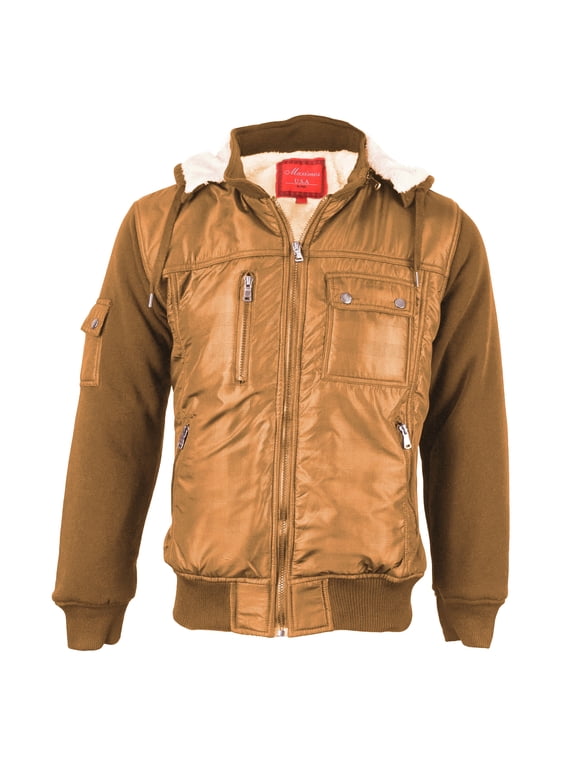 Men's Sherpa Lined Removable Hood Multi Pocket Zipper Bomber Jacket (Khaki, M)