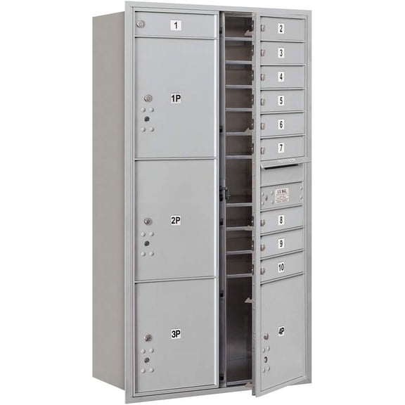 Maximum Height Recessed Mounted 4C Horizontal Mailbox with 10 Doors and 4 Parcel Lockers in Aluminum with USPS Access - Front Loading