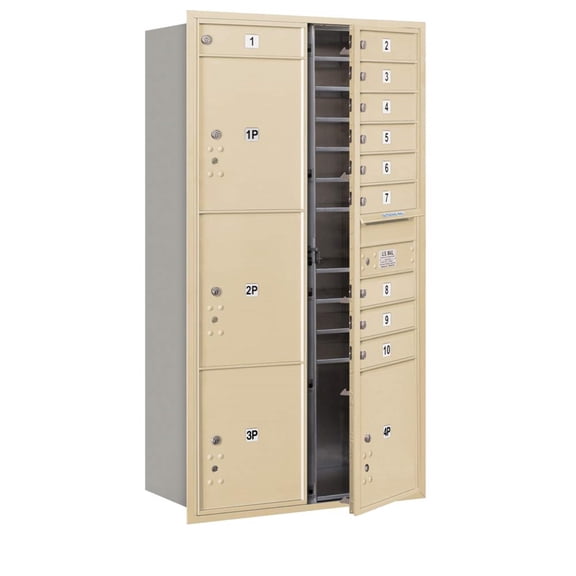 Maximum Height Recessed Mounted 4C Horizontal Mailbox with 10 Doors and 4 Parcel Lockers in Sandstone with USPS Access - Front Loading