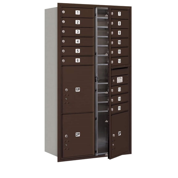 Maximum Height Recessed Mounted 4C Horizontal Mailbox with 15 Doors and 3 Parcel Lockers in Bronze with USPS Access - Front Loading
