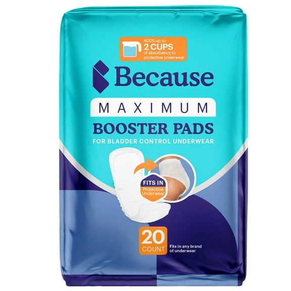 Because Maximum Incontinence Booster Pads, Adult Diaper Doubler Adds 4 Cups of Extra Absorbency, Discreet, Soft Leak Protection for Men & Women, Fits Inside Disposable Underwear, 20 Count