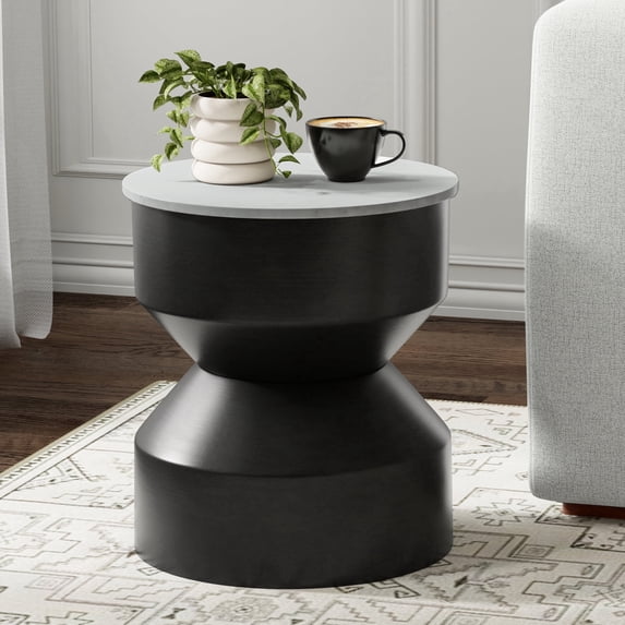 Simpli Home Maxine 16 inch Wide Genuine Marble Top Modern Metal End Table in Black/White, Assembled