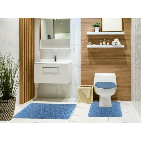 Maxine 3 Piece Shaggy Bathroom Rug Set, Bath Mat, Contour Rug, Toilet Seat Lid Cover, Non-Slip Rubber Back, Floor Mats, Water Absorbent - Blue