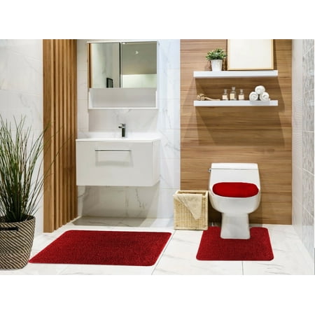 Maxine 3 Piece Shaggy Bathroom Rug Set, Bath Mat, Contour Rug, Toilet Seat Lid Cover, Non-Slip Rubber Back, Floor Mats, Water Absorbent - Burgundy