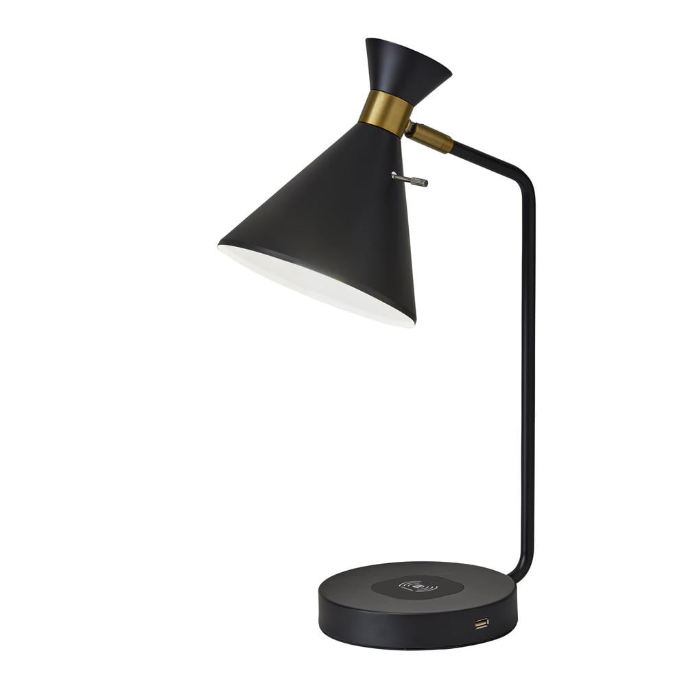 19" Matte Black and Brass Arc Desk Lamp with Wireless Charging