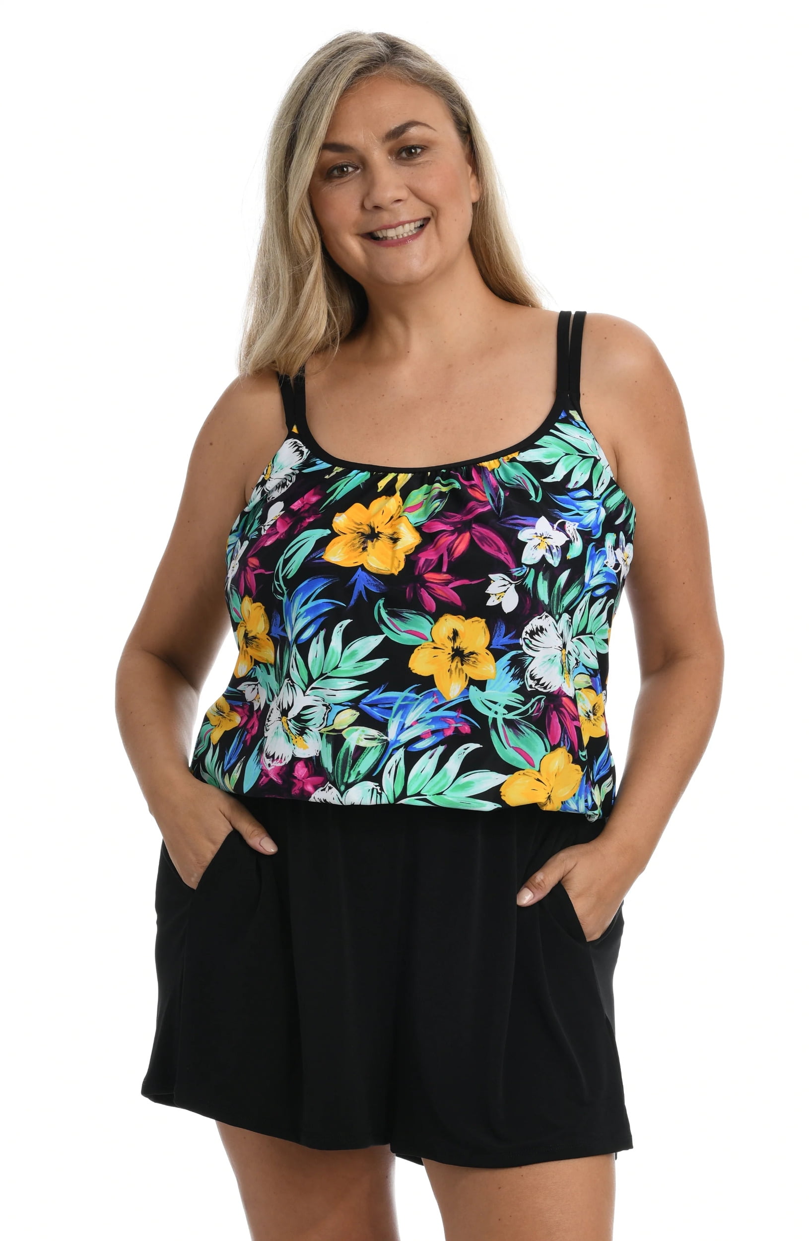 Maxine Of Hollywood Plus Island Mist One Piece Swim Romper 20W Black multi  