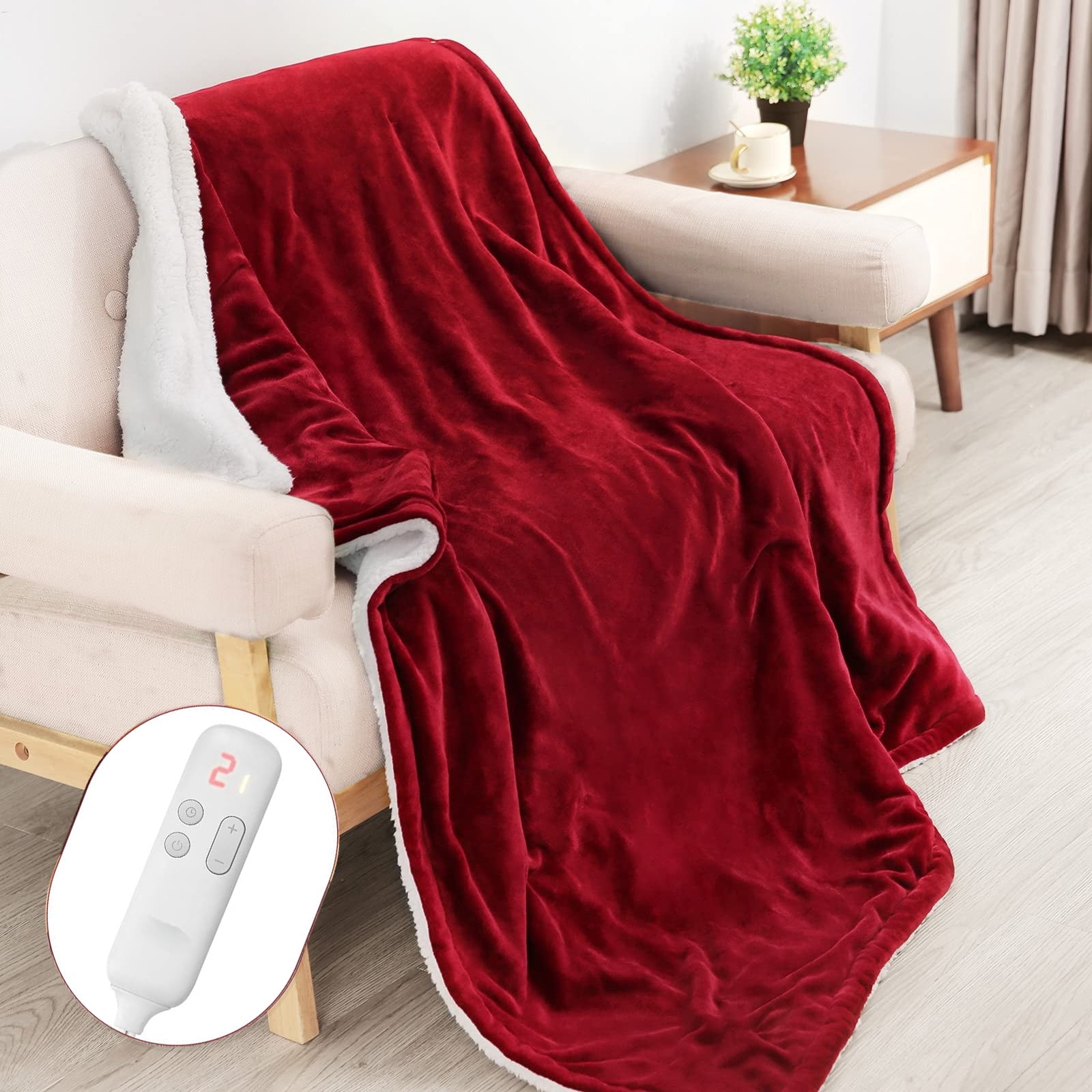 Maxkare 50 x 60 Electric Heated Blanket with 6 Heating Levels u0026 5H  Auto-off, ETL Certification Flannel u0026 Sherpa Machine Washable, Red u0026 White  - Walmart.com