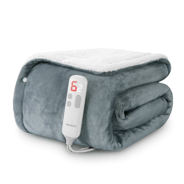 Maxkare 50 x 60 Electric Throw Blanket with 6 Heating Levels 1 5H Auto off Machine Washable Flannel Sherpa Gray White