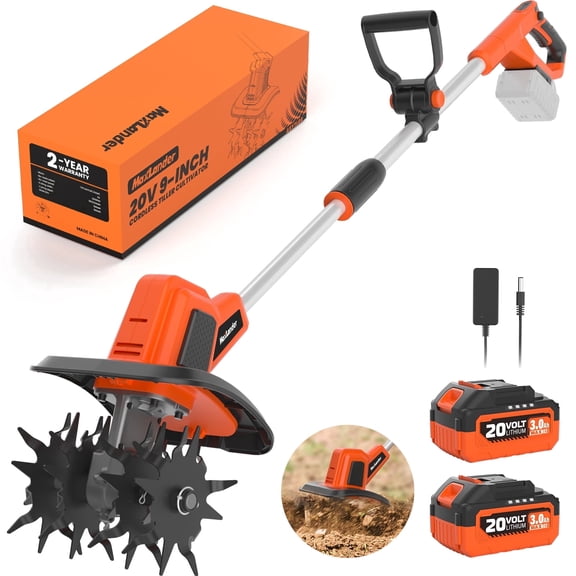 MAXLANDER 20V Cordless Tiller Cultivator, 9-Inch Electric Garden Tiller with 48 Steel Tines, 360RPM Battery Powered Rototiller for Gardening, 2 x 3.0Ah Battery and Charger Included
