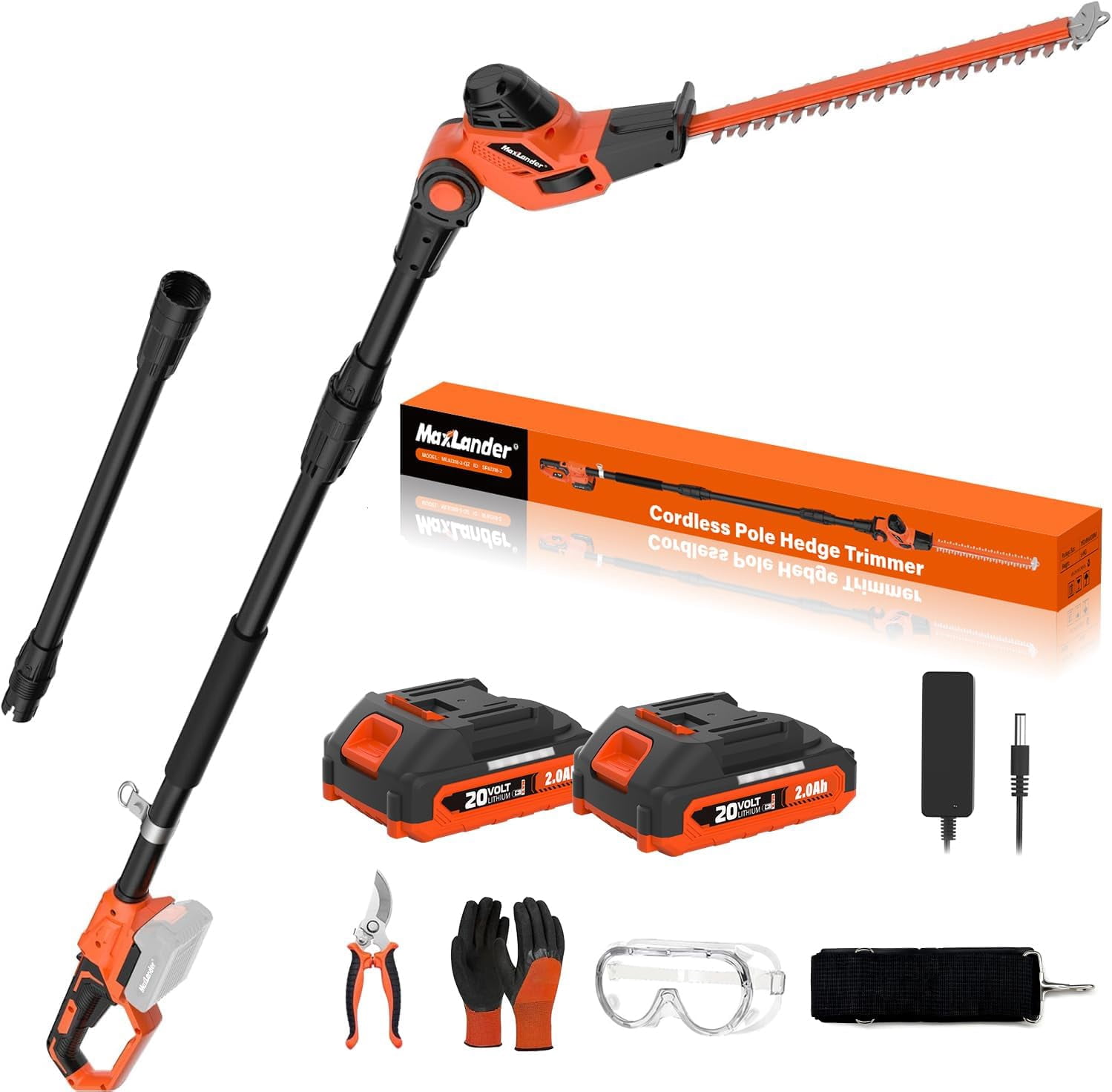Maxlander, Cordless Pole Hedge Trimmer, 18-Inch, 2 x 2.0Ah