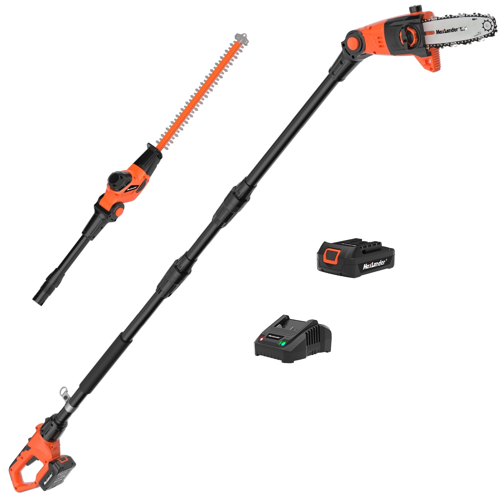 Maxlander Pole Saw 8-Inch Cordless Pole Saws for Tree Trimming and 18-Inch Pole Hedge Trimmer 2-in-1, 15-Feet MAX Reach, 16ft/s Speed, Auto Oiling Pole Chainsaw with 20V 2.0Ah Battery & Charger