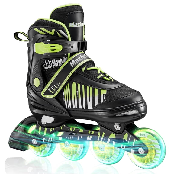 Maxluke Adjustable Kids Inline Skates for Girls Boys Ages 4-12, Fun Illuminating Kids Rollerblades for Youth Beginner, Green(Size 10C-13C)
