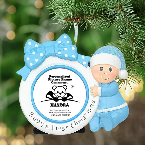 Maxora Customized Christmas Ornament Baby's First Bow Photo Frame Personalized Ornament Boy Free Customize