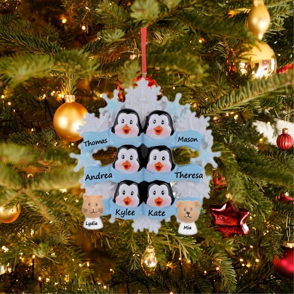 Maxora Personalized Ornaments Customized Christmas ornament Penguin with Snowflake Family of 6 Free Customize