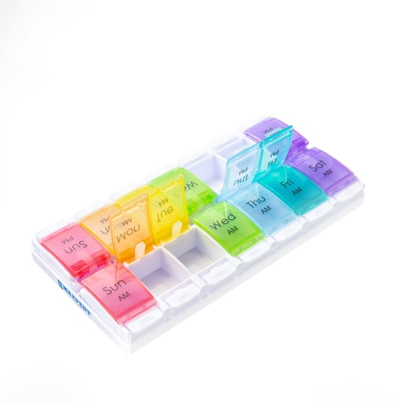 Maxpert Weekly Pill Organizer Case - 7 Day AM PM Push Button Pill Planner - Easy Open Arthritis Friendly Medicine Organizer - Large Pill Case for Medication, Vitamins, Fish Oil, Supplements