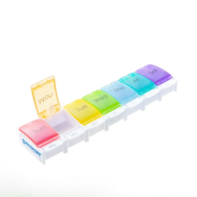 Maxpert Weekly Pill Organizer Case Push Button Pill Planner, Easy