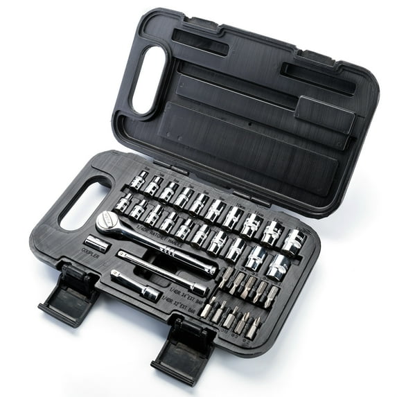 Maxpower 35pc 1/4"Dr. Socket Wrench Set With - Metric + SAE - Ratchet Handle, Extension Bars, Slot, Torx, Philips Bits, Bit Adapter, and Carrying Case