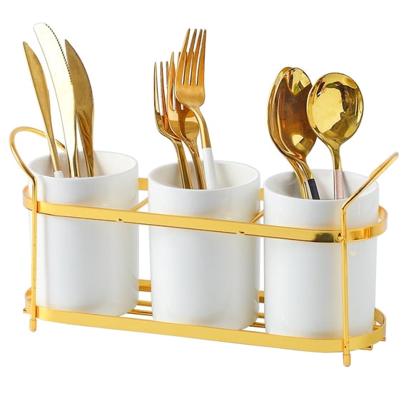 Maxramic 3-Piece White Ceramic Silverware Holder for Party Countertop, Utensil Holder with Golden Metal Rack Flatware Caddy Cutlery Storage Organizer for Kitchen Table (White+Gold A) Y101
