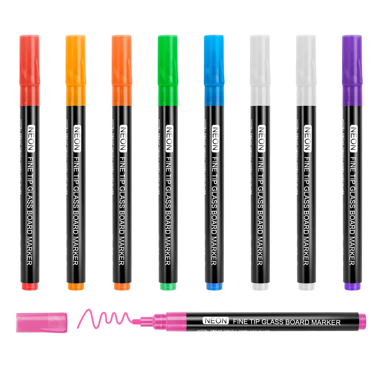 Maxtek Neon Dry Erase Markers,1mm Fine Point, Assorted Colors,9